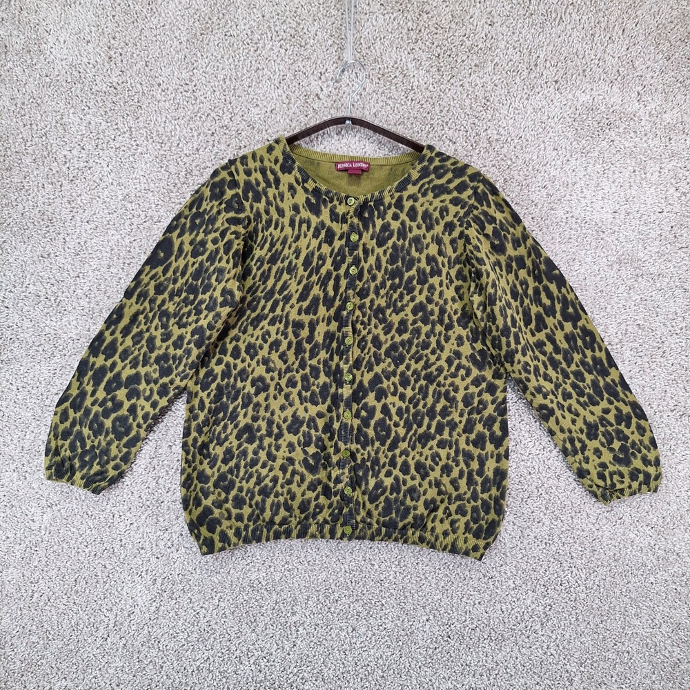 Jessica London Cardigan Women 12 Green Leopard Print Button Up Animal Print Bold
